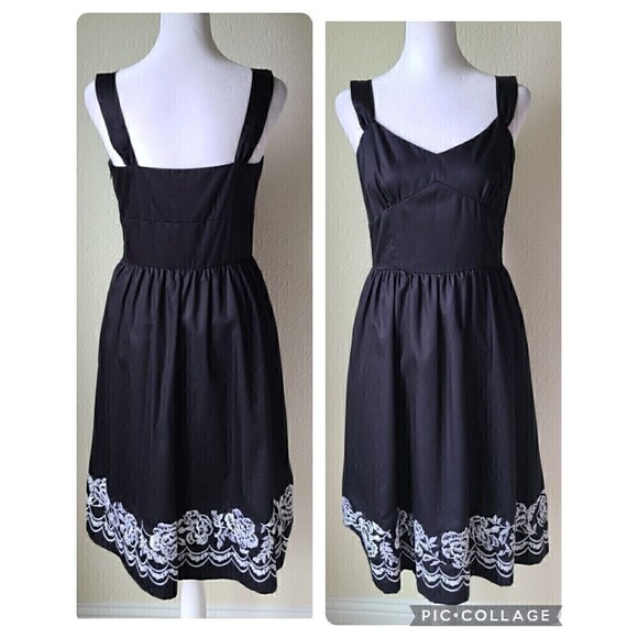 Ann Taylor LOFT Embroidered Sundress Dress 2 Black Floral 50's Straps Fit Flare - Picture 1 of 12